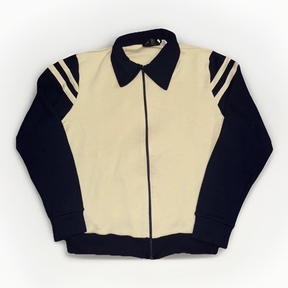 WIN Los Angeles Vintage Style Track Jacket Cream Navy Zip-Up Medium 21x23 Retro - Picture 1 of 5